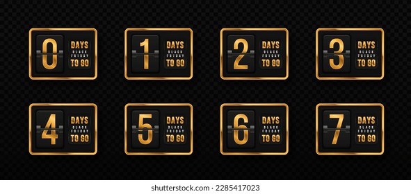 Set of golden countdown timer for Black Friday. Modern clock countdown display. Days to do. Luxury countdown template for sale, promo and offer.