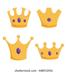 Set of golden crown with diamond and gems on white background