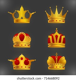 Set of golden crown icons isolated on background. Realistic diadems created by gradient. Shiny jewels collection use for a logo, label, certificate or diploma creation.