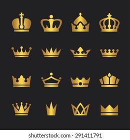 Set of golden crown icons on black background