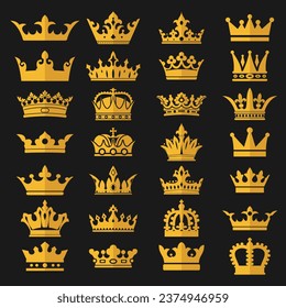 Set of golden crown icons, royals crown symbol vector illustration.