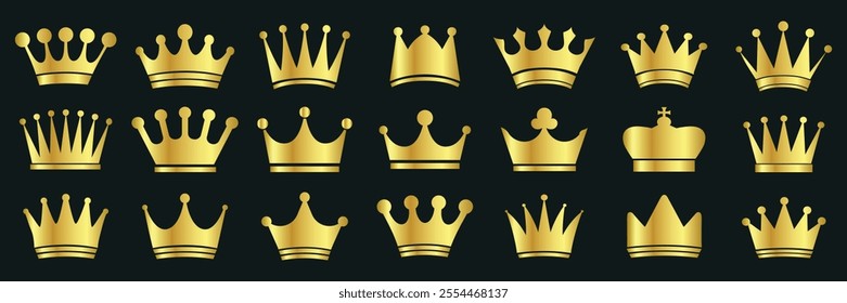 Set of golden crown icons. Royals crown symbol. Golden crown silhouette set. Crown golden symbol collection. vector illustration