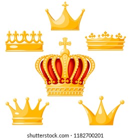 Set of golden crown monarchs on a white background. Isolated regalia of the king, queen, princess, prince. Subjects of coronation and power. Vector illustration