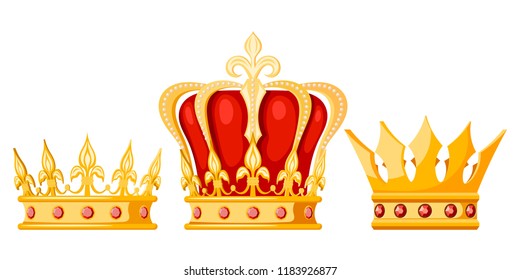 Set of golden crown monarchs on a white background. Isolated regalia of the king, queen, princess, prince. Subjects of coronation and power. Vector illustration