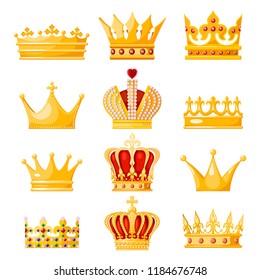 Set of golden crown monarchs on a white background. Isolated regalia of the king, queen, princess, prince. Subjects of coronation and power. Vector illustration