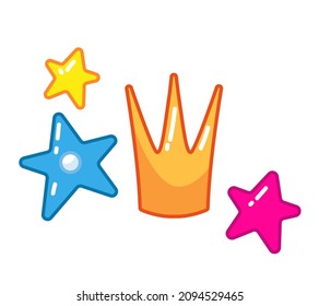 Set, golden crown and multicolored stars. Princess tiara. Vector illustration of an accessory in a cartoon children's style. Isolated cute clipart on a white background. Colored art with an outline