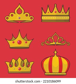 set golden crown outline cartoons style vector illustration EPS10