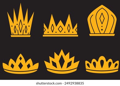 Set von goldenen Kronen. Schöne elegante Tiaras für Königin und König. Design-Elemente für Social Media, Print oder Logos. Leerzeichen kopieren. Realistische 3D Vektorgrafik Kollektion isoliert auf transparentem Hintergrund