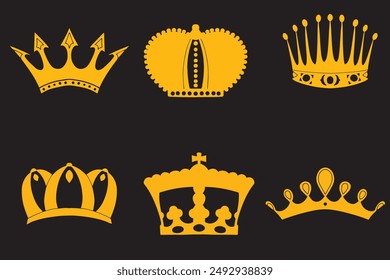 Set of golden crowns. Beautiful elegant tiaras for queen and king. Design elements for social media, print or logos. Copy space. Realistic 3D vector collection isolated on transparent background