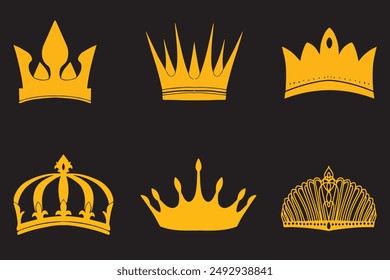 Set von goldenen Kronen. Schöne elegante Tiaras für Königin und König. Design-Elemente für Social Media, Print oder Logos. Leerzeichen kopieren. Realistische 3D Vektorgrafik Kollektion isoliert auf transparentem Hintergrund