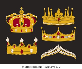 Konzept der goldenen Kronen. Traditionelle antike Schmuckstücke und Ornamente. Symbol der Kraft. Königliche Familie und Monarchie. Nekklace und Diadem. Cartoon-FlachVektorgrafik einzeln auf schwarzem Hintergrund