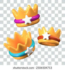 Set of golden crowns with decorative elements of different colors