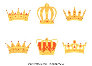 Set of golden crowns of different shapes on a white background.