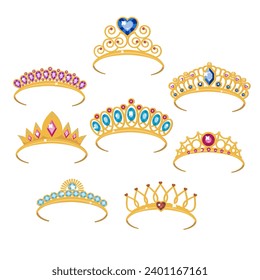 Set of golden crowns for girls. Isolate on a white background. Vector illustration.