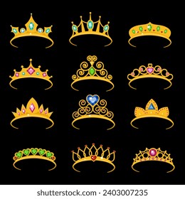 Set of golden crowns for girls. Isolate on a white background. Vector illustration.