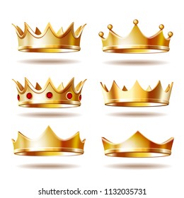 Set of golden crowns for king or monarch, queen or princess tiara, prince headdress. Classic heraldic imperial sign. Jewelry and emperor coronation ceremony, monarchy theme. Vector isolated on white