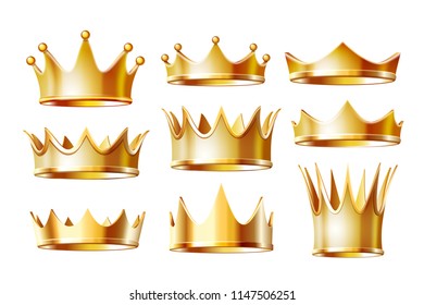 Set of golden crowns for king or monarch, queen or princess tiara, prince headdress. Classic heraldic imperial sign. Jewelry and emperor coronation ceremony, monarchy theme. Vector isolated on white