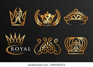 Set of golden crowns logo design . Beautiful elegant tiaras for queen and king. Vector illustration