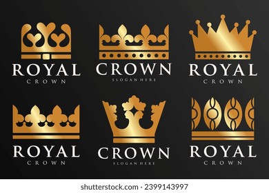 Set of golden crowns logo design . Beautiful elegant tiaras for queen and king . Vector illustration .