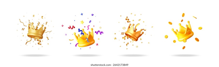 Set of golden crowns with party confetti. Winner award concept. Royal symbol for celebration and success. Luxury treasure element.