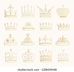Set of golden crowns, tiaras, diadems. Vector glitter illustration. Gold isolated outline icons.