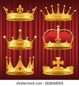 Set of golden crowns, tiaras and diadems decorated with gemstones. Shiny and precious headdress of royal person. King and queen jewelry. Accessory for monarch