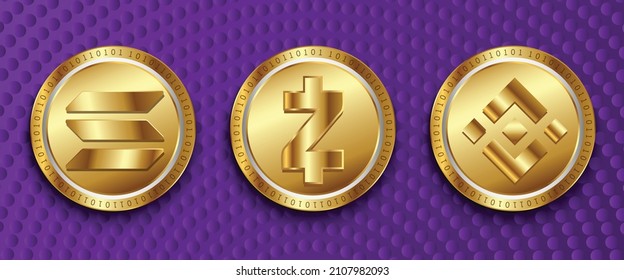 Set von goldenen Kryptowährungsmünzen Logo Vektorgrafik Design. Solana (SOL), Zcash und Binance verschlüsseln das virtuelle Geld-Logo. 