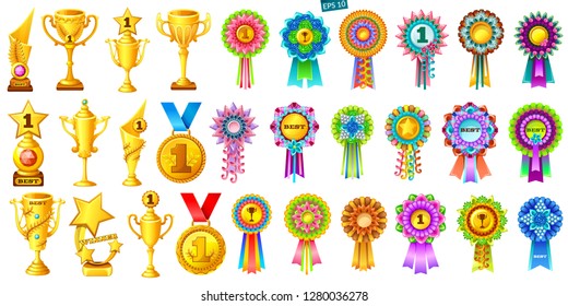 Set of golden cups, medals and colorful rosettes on white background. Cartoon rewards for computer games. Isolated vector illustration.