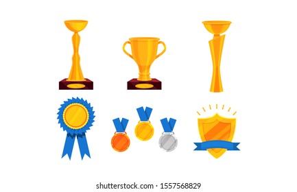 Set With Golden Cups And Trophies On Pedestals Vector Illustration