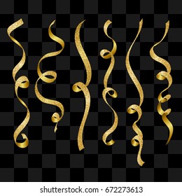 Set of golden curling ribbons with glitter texture. Decorations in realistic style for birthday, anniversary or party design.