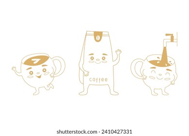 Set of golden cut characters coffee and cup with faces. Good morning concept. Vector illustration for design menu page, welcomes. 