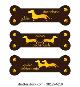 Set of golden dachshund kennel logo template. Golden dachshunds inside brown bone, lettering golden dachshund and paw prints isolated on white background. Logo template, design element