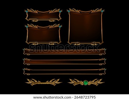 set of golden dark red fantasy gothic medieval game ui with button, frame, board menu, loading bar and header
