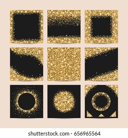 Set of golden decoration with glowing glitter. Golden sparks on a black background.