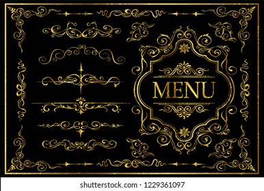 Set of golden decoration vintage wedding invitation template, Calligraphy swirls, swashes, ornate motifs and scrolls. Vector illustration