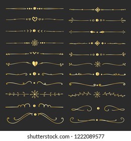 Set Of Golden Decorative Calligraphic Elements For Decoration. Handmade Vector Illustration.