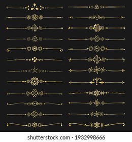 Set Of Golden Decorative Calligraphic Elements For Decoration. Handmade Vector Illustration.