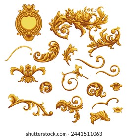 Set of golden decorative elements in Baroque style