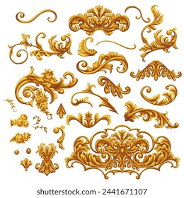 Set of golden decorative elements in Baroque style