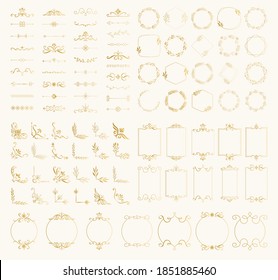 Set of golden decorative elements. Frames. borders, corners, dividers, wreaths. Vector isolated illustration.