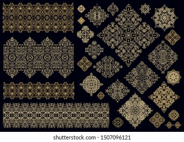 Set of golden decorative elements - ornamental rosettes, mandala, ornamental vector border ribbons, oriental style