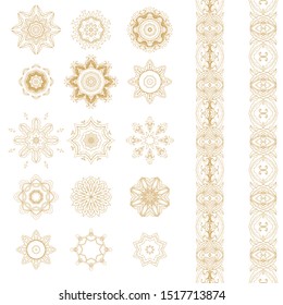 Set of golden decorative elements - ornamental rosettes, mandala, ornamental vector border ribbons, oriental style