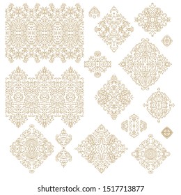 Set of golden decorative elements - ornamental rosettes, mandala, ornamental vector border ribbons, oriental style