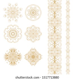 Set of golden decorative elements - ornamental rosettes, mandala, ornamental vector border ribbons, oriental style