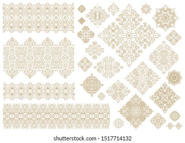 Set of golden decorative elements - ornamental rosettes, mandala, ornamental vector border ribbons, oriental style