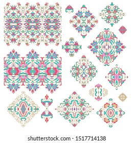 Set of golden decorative elements - ornamental rosettes, mandala, ornamental vector border ribbons, oriental style
