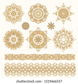Set of golden decorative elements - ornamental rosettes, mandala, ornamental vector border ribbons, oriental style