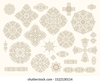 Set of golden decorative elements - ornamental rosettes, mandala, medieval, oriental style