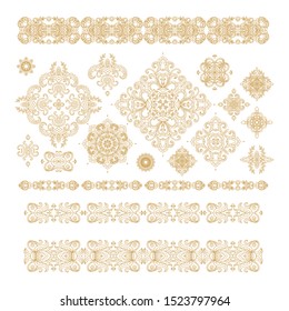 Set of golden decorative elements - ornamental rosettes, mandala, ornamental vector border ribbons, oriental style
