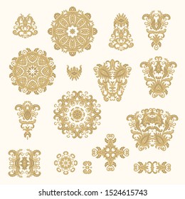 Set of golden decorative elements - ornamental rosettes, mandala, medieval, oriental style